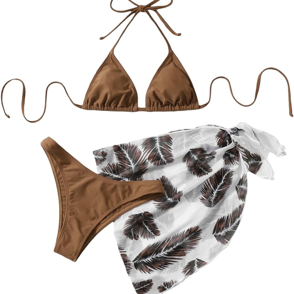 Brown Bikini Set with Feather Print Sarong